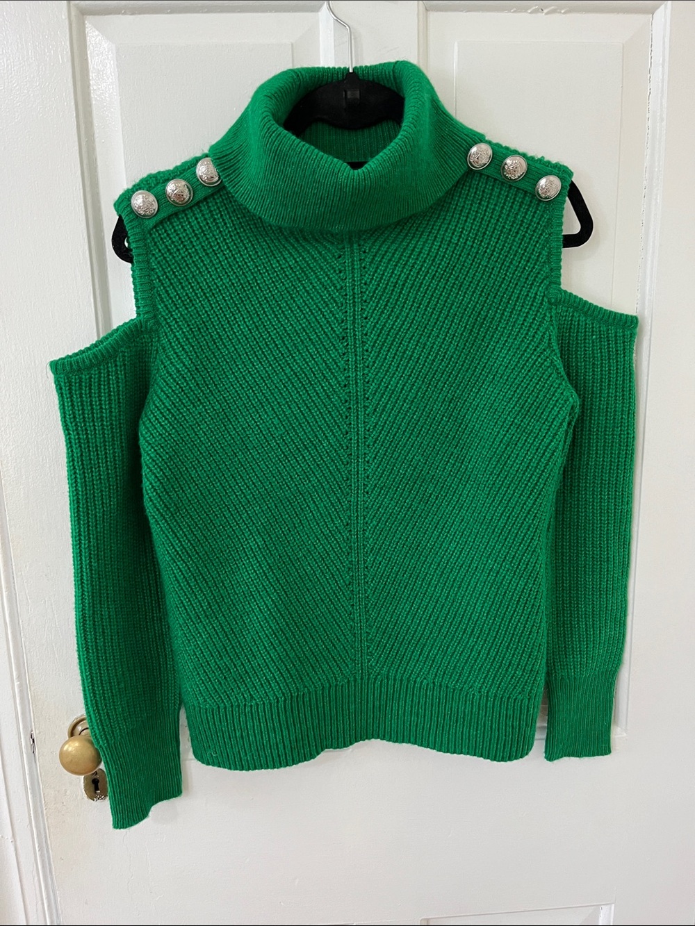 Cold-Shoulder Turtleneck Sweater with Shoulder Buttons - Green